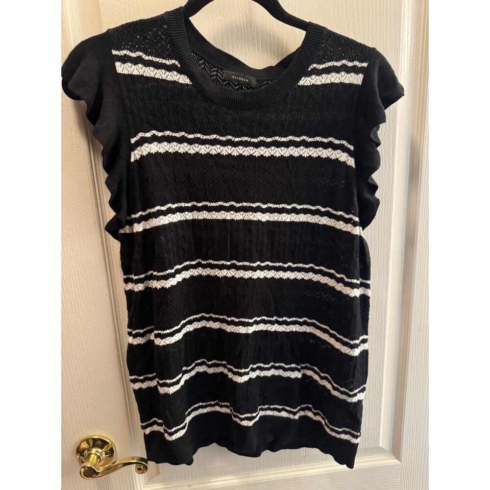 Halogen Black White Striped Pointelle Knit Flutter Sleeve Sweater Top Size M